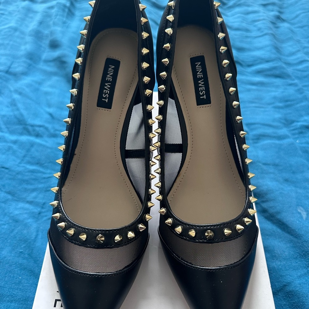 Nine West Black Pointed-Toe Pumps with Gold Stud Trim